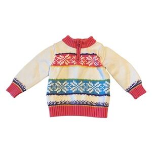 Hanna Andersson Half Zip Fair Isle Sweater White Pink 18-24 Months